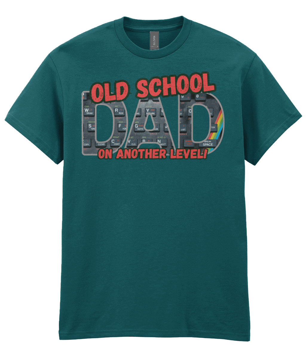 “Midnight blue T‑shirt with ‘Old School Dad On Another Level’ text and ZX Spectrum‑style keyboard graphic with rainbow stripe.”