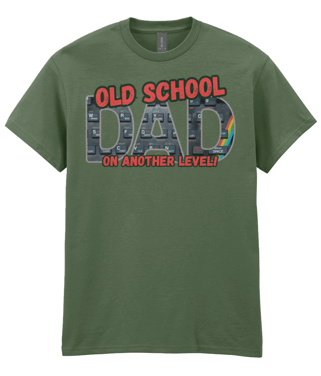 “Military green “White T‑shirt with ‘Old School Dad On Another Level’ text and ZX Spectrum‑style keyboard graphic with rainbow stripe.” 

