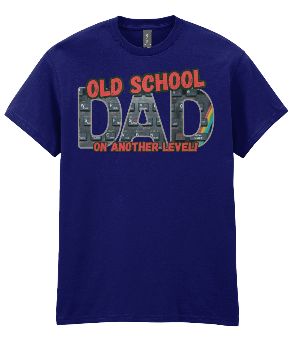 “Navy “White T‑shirt with ‘Old School Dad On Another Level’ text and ZX Spectrum‑style keyboard graphic with rainbow stripe.” 