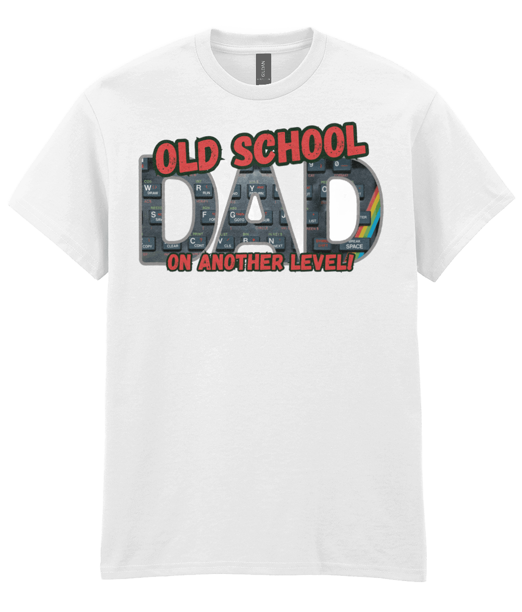 “White T‑shirt with ‘Old School Dad On Another Level’ text and ZX Spectrum‑style keyboard graphic with rainbow stripe.” 
