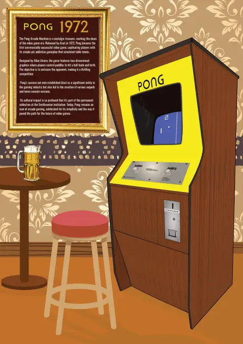 Wall art of a PONG Arcade Machine in a Pub, stool,table and a glass of beer ,70s wall paper