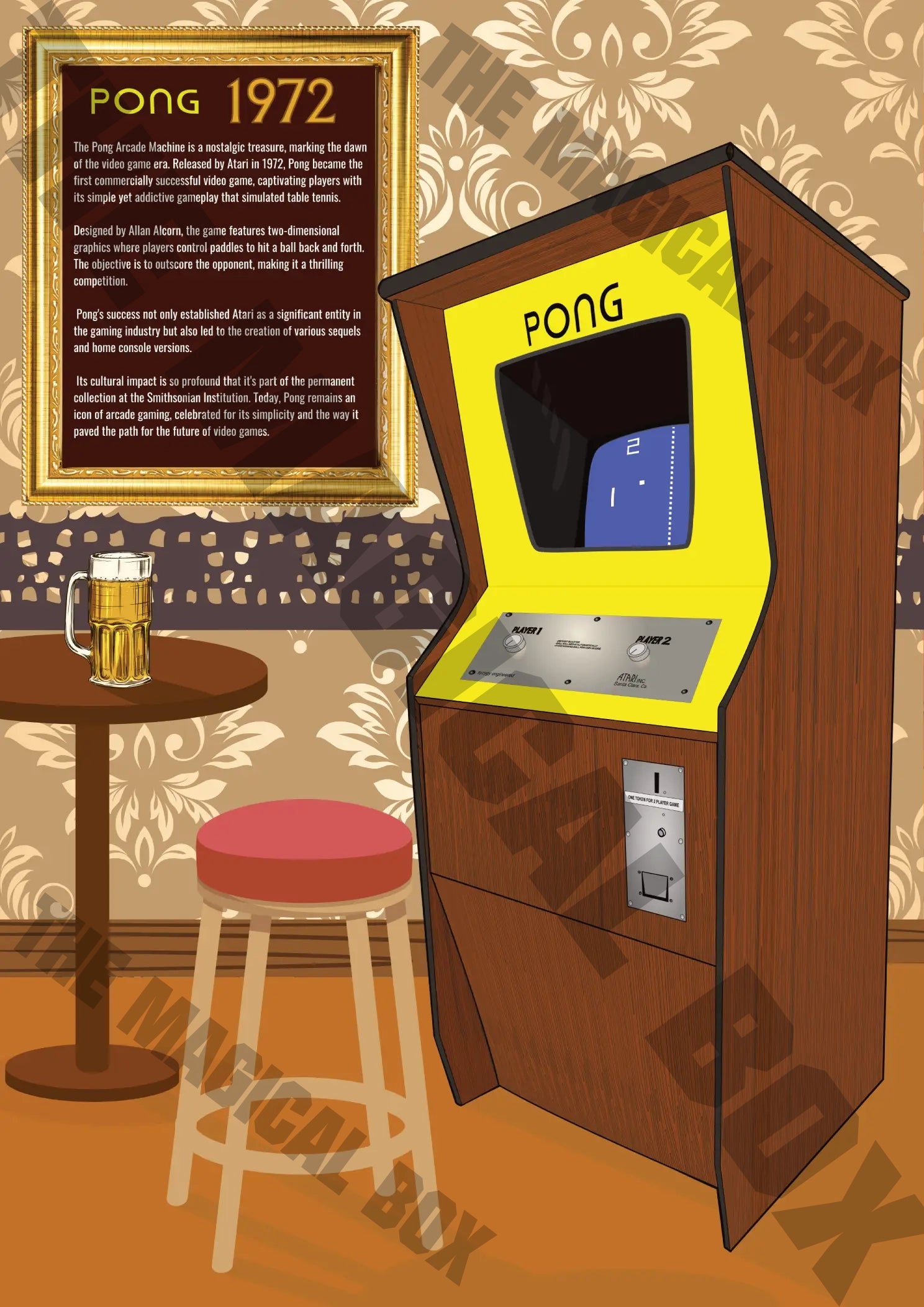 Wall art of a PONG Arcade Machine in a Pub, stool,table and a glass of beer ,70s wall paper