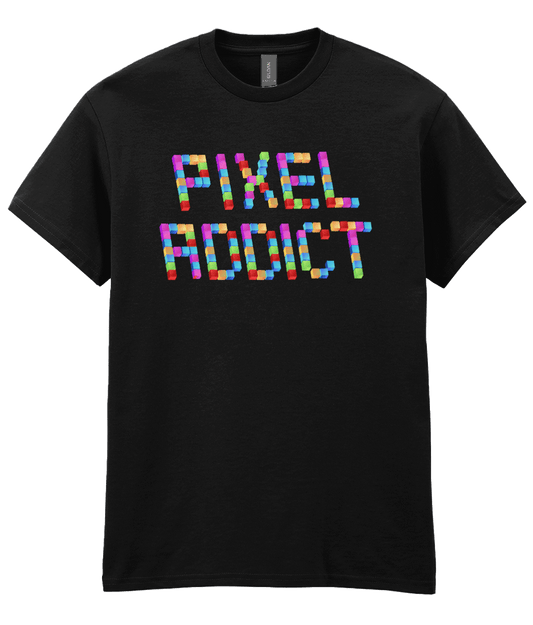 A Black T-shirt with Pixel Addict spelt with small cubes representing pixels in an isometric view. The cubes are bright in different colours