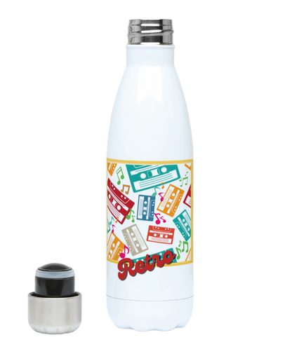 A white 500 militer metal bottle with a  goldish square frame with colourful music notes and cassette tapes spread out at different angles in different colours ,words retro in a retro style at bottom 
