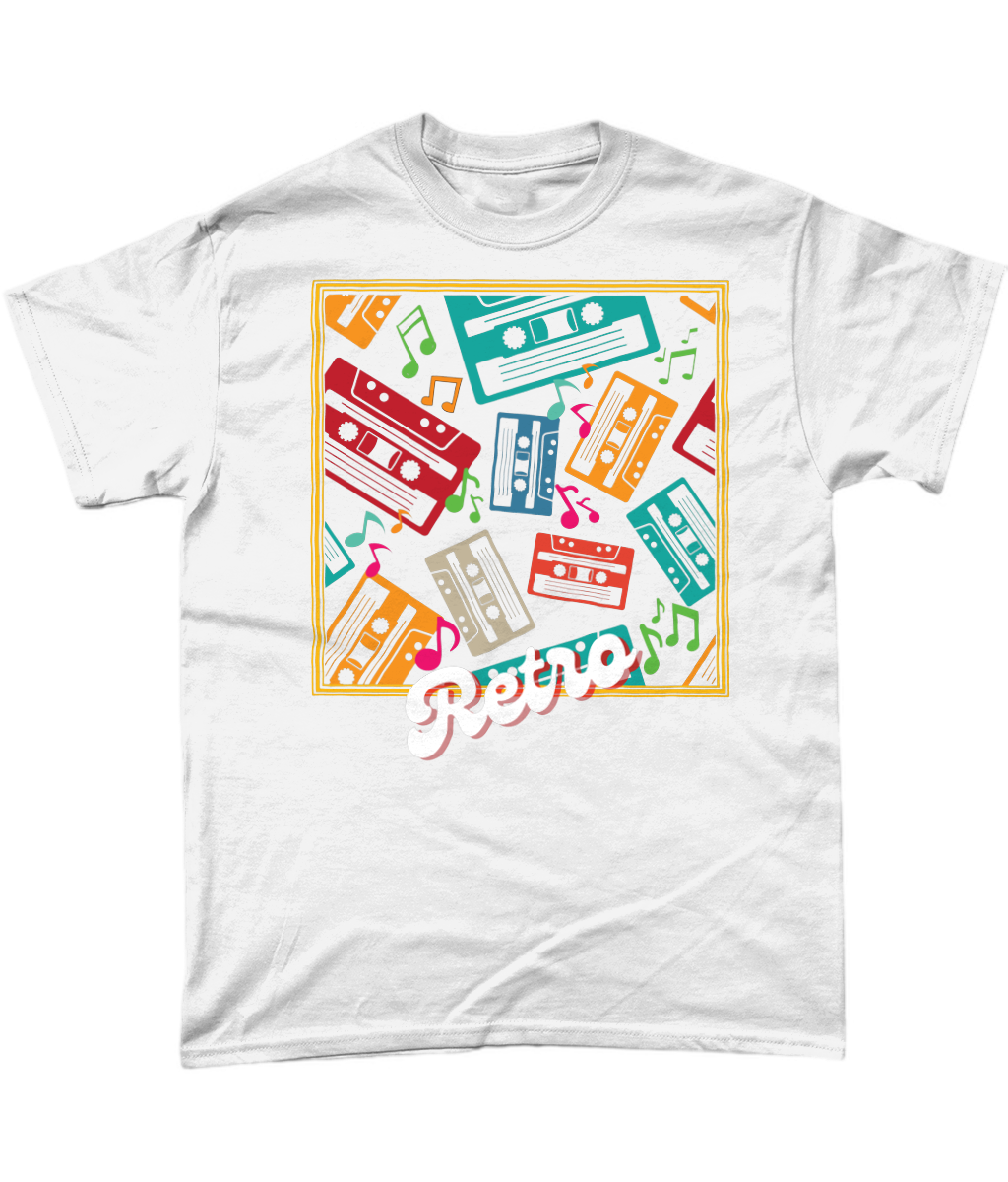 White T-Shirt  goldish square frame with colourful music notes and cassette tapes spread out at different angles in different colours ,words retro in a retro style at bottom 