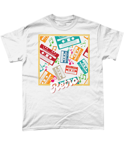 White T-Shirt  goldish square frame with colourful music notes and cassette tapes spread out at different angles in different colours ,words retro in a retro style at bottom 