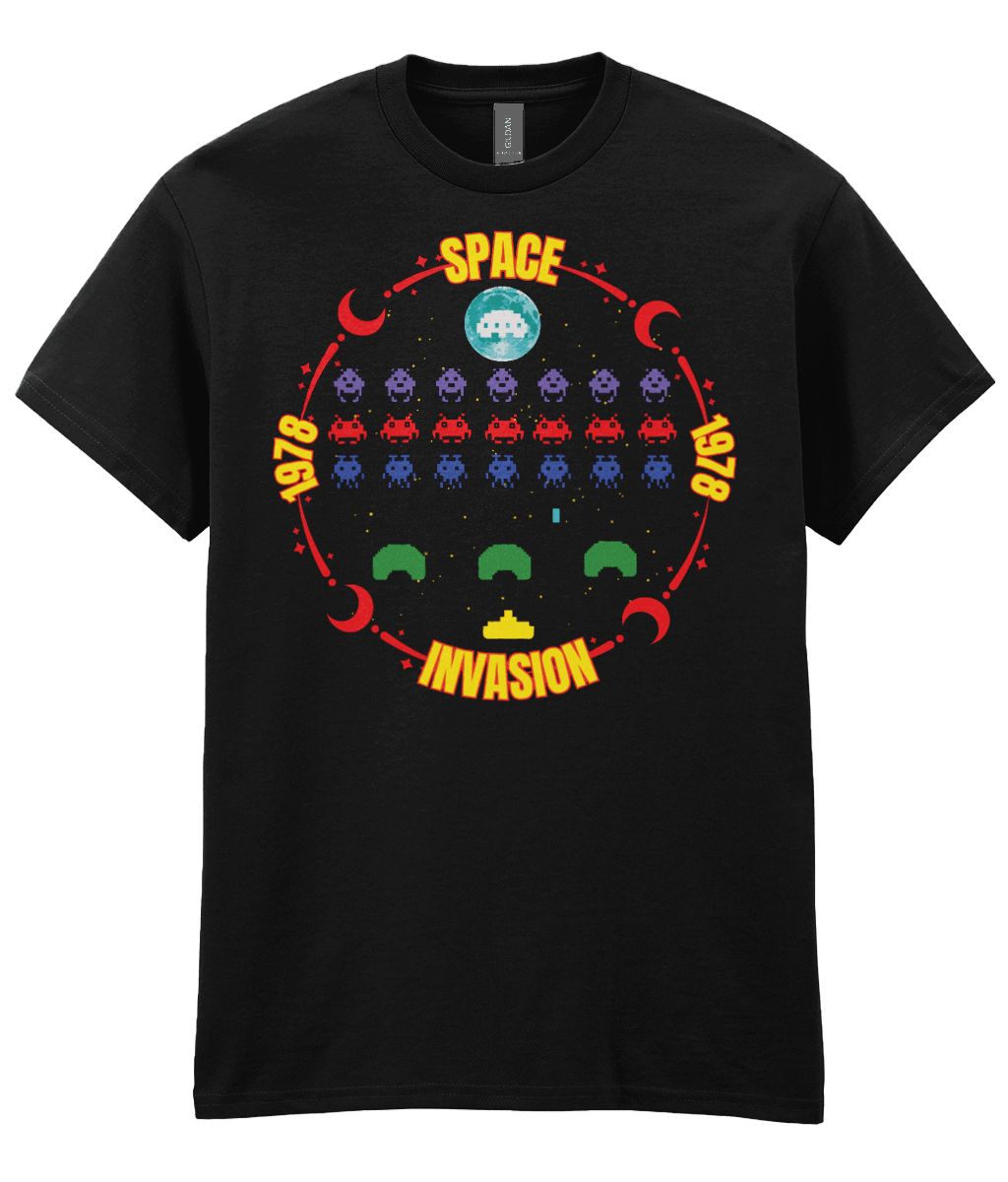 Black T-shirt with a game screenshot  inspired by the arcade game space invaders surrounded with a red moon themed circle with the text Space invasion 1978 worded.