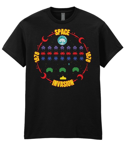 Black T-shirt with a game screenshot  inspired by the arcade game space invaders surrounded with a red moon themed circle with the text Space invasion 1978 worded.