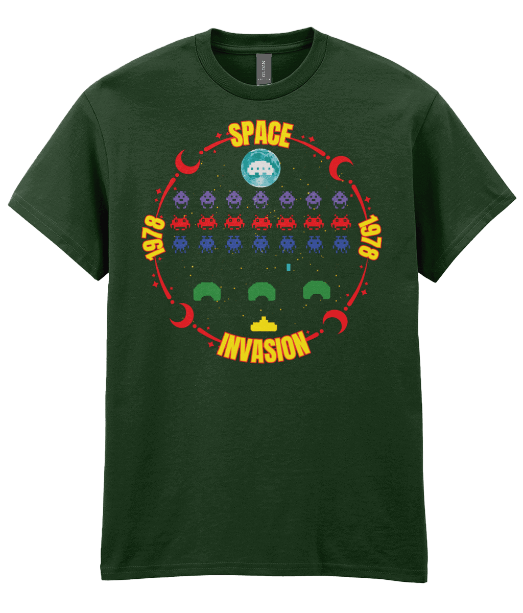 Forest green  T-shirt with a game screenshot  inspired by the arcade game space invaders surrounded with a red moon themed circle with the text Space invasion 1978 worded.