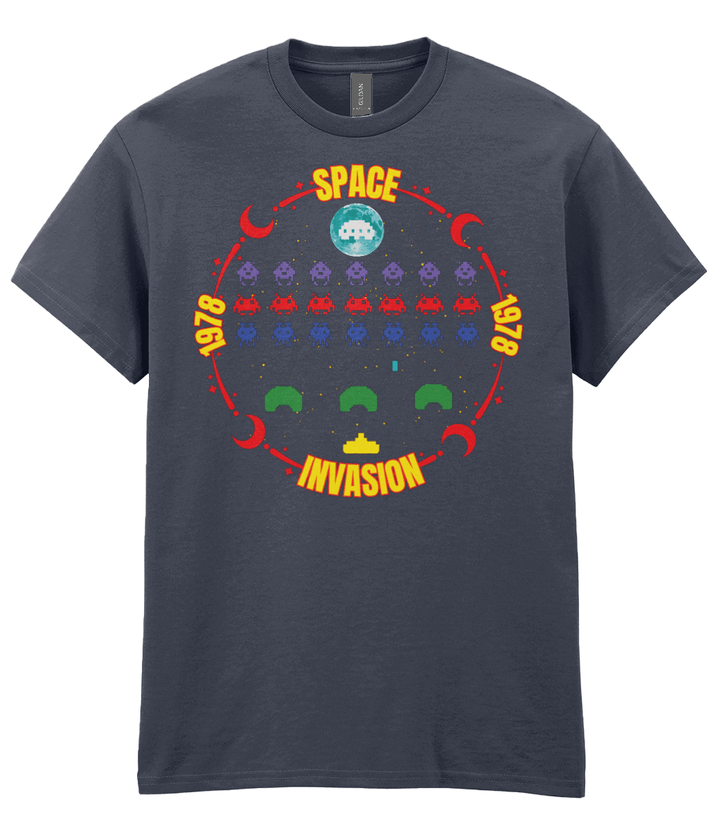 Charcoal grey  T-shirt with a game screenshot  inspired by the arcade game space invaders surrounded with a red moon themed circle with the text Space invasion 1978 worded.