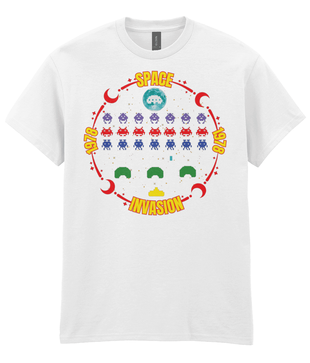 White T-shirt with a game screenshot  inspired by the arcade game space invaders surrounded with a red moon themed circle with the text Space invasion 1978 worded.