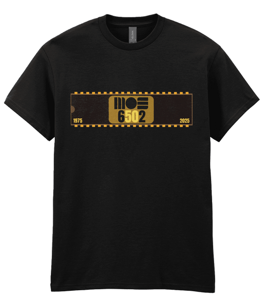 Black T-shirt with a 40 pin chip across the front with MOS 6502 and 1975 2025 written on it. The five and the zero is yellow denoting the 50th year