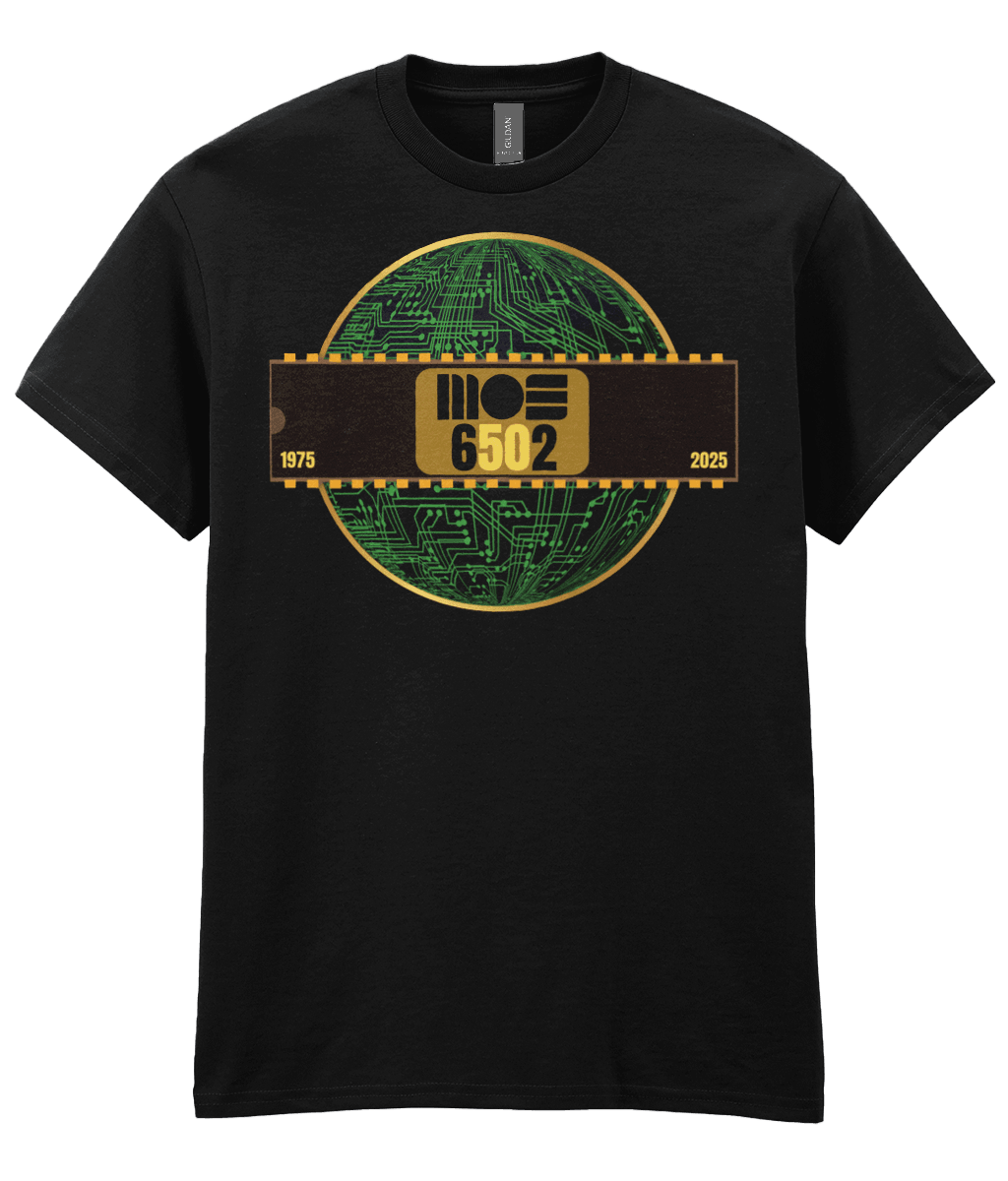 6502 cpu , black tee,  gold circle & a basic representation of a circuit board in green and a 40 pin chip across the front with MOS 6502  and 1975 2025 written on it. The five and the zero is yellow denoting the 50th year