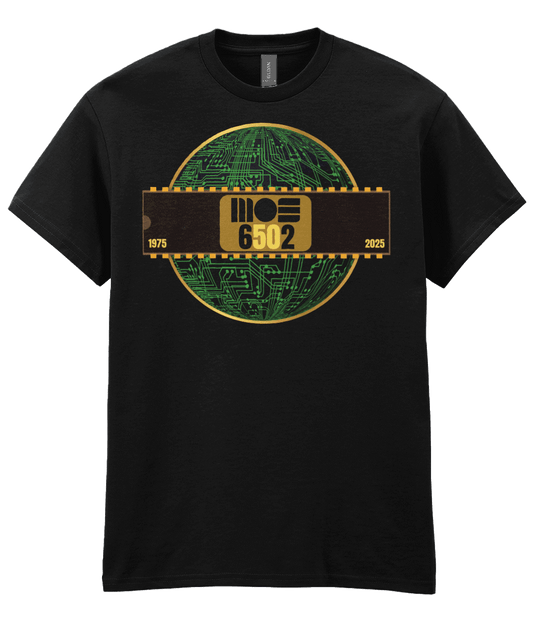 6502 cpu , black tee,  gold circle & a basic representation of a circuit board in green and a 40 pin chip across the front with MOS 6502  and 1975 2025 written on it. The five and the zero is yellow denoting the 50th year