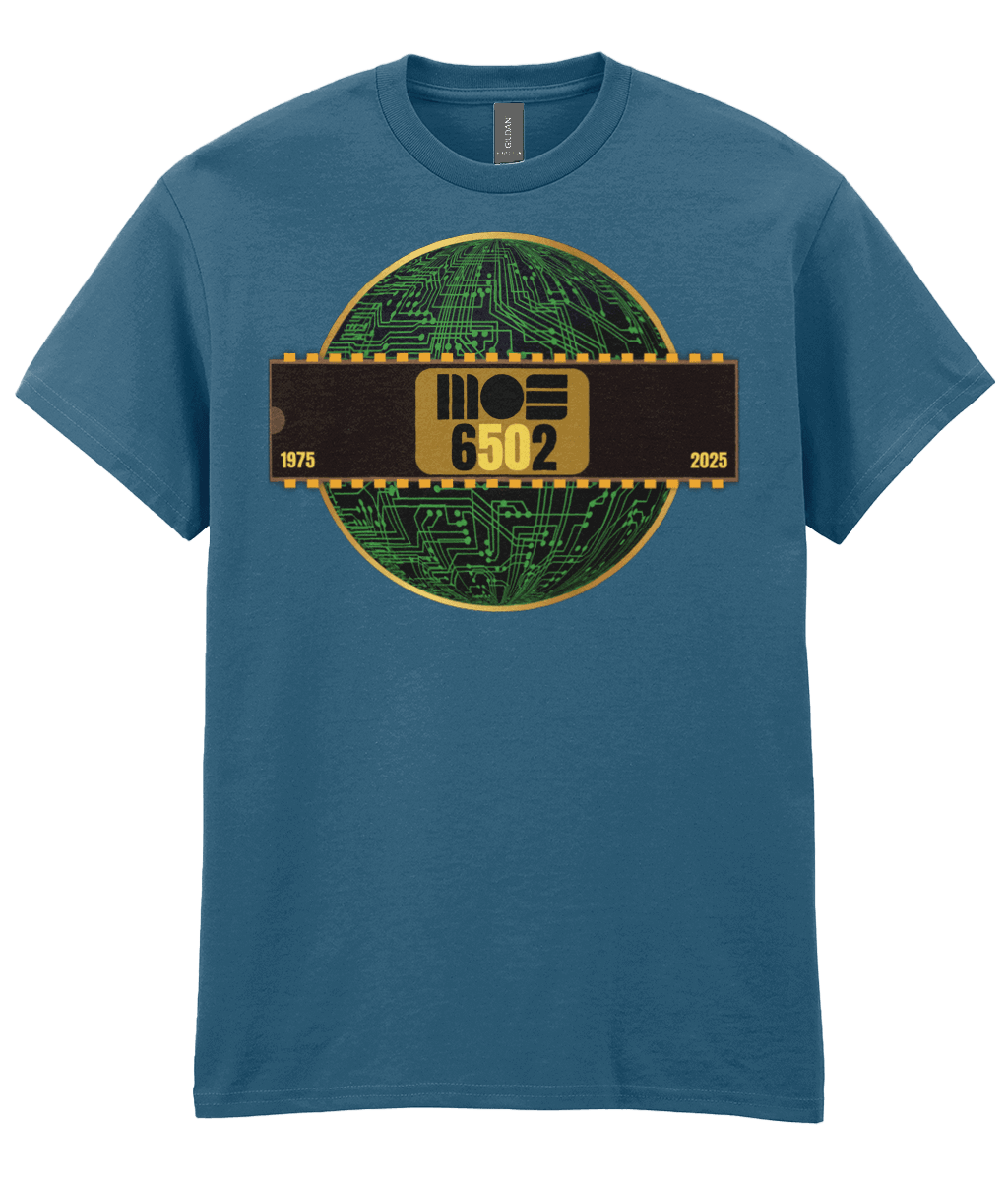 6502 cpu , indigo tee,  gold circle & a basic representation of a circuit board in green and a 40 pin chip across the front with MOS 6502  and 1975 2025 written on it. The five and the zero is yellow denoting the 50th year