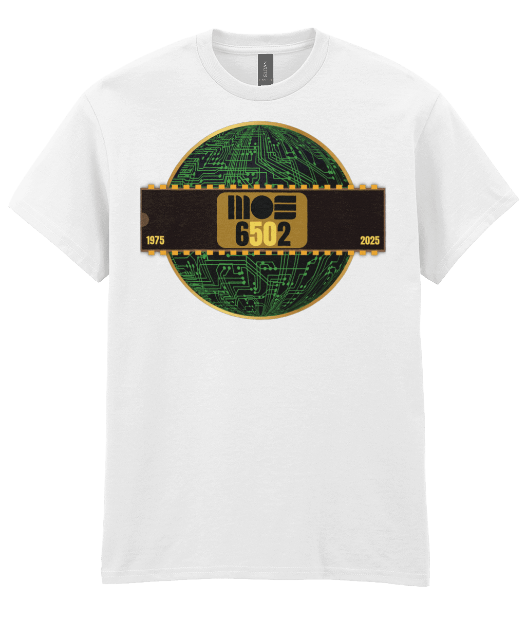 6502 cpu , white tee,  gold circle & a basic representation of a circuit board in green and a 40 pin chip across the front with MOS 6502  and 1975 2025 written on it. The five and the zero is yellow denoting the 50th year