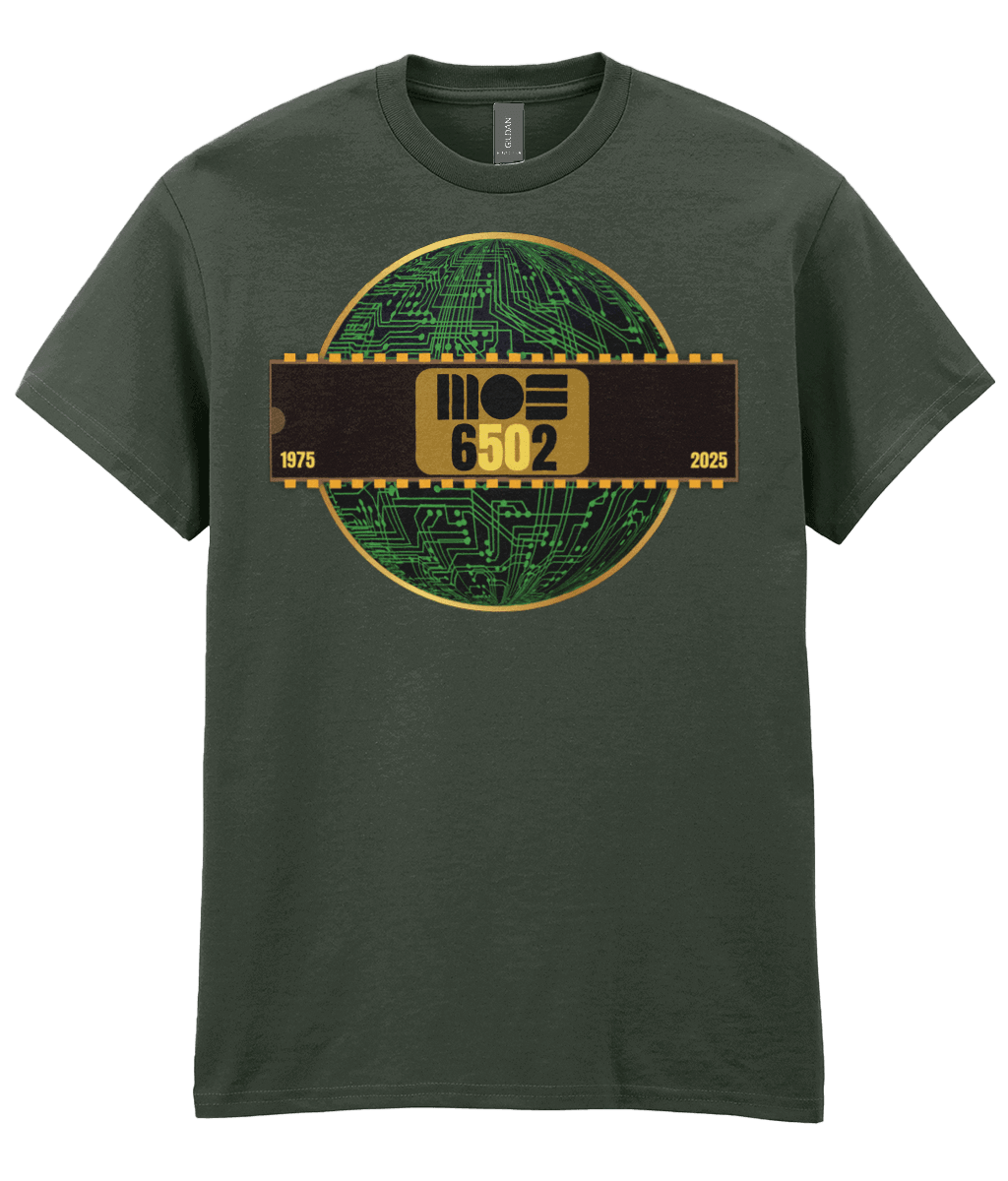 6502 cpu , green tee,  gold circle & a basic representation of a circuit board in green and a 40 pin chip across the front with MOS 6502  and 1975 2025 written on it. The five and the zero is yellow denoting the 50th year