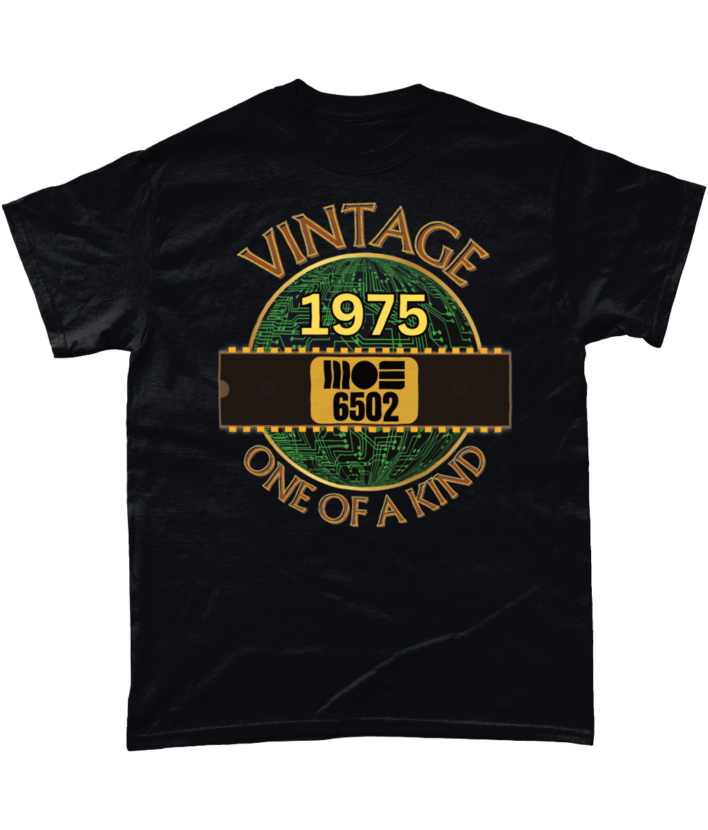 Black T-shirt with a gold circle with a basic representation of a circuit board in green and a 40 pin chip across the front with MOS 6502 and 1975 written on it. Vintage one of a kind around the circle