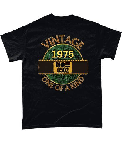 Black T-shirt with a gold circle with a basic representation of a circuit board in green and a 40 pin chip across the front with MOS 6502 and 1975 written on it. Vintage one of a kind around the circle
