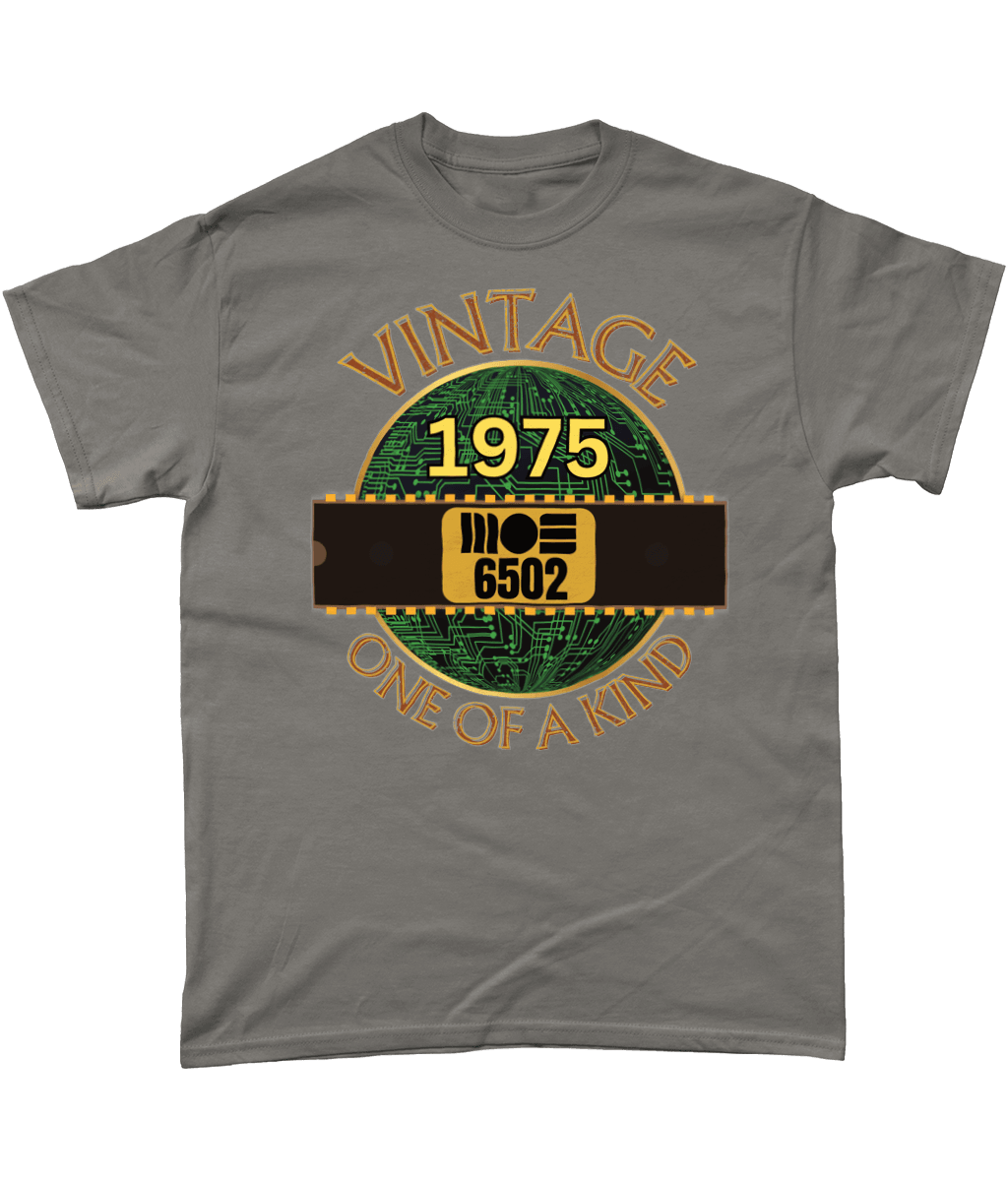 Charcoal T-shirtBlack with a gold circle with a basic representation of a circuit board in green and a 40 pin chip across the front with MOS 6502 and 1975 written on it. Vintage one of a kind around the circle