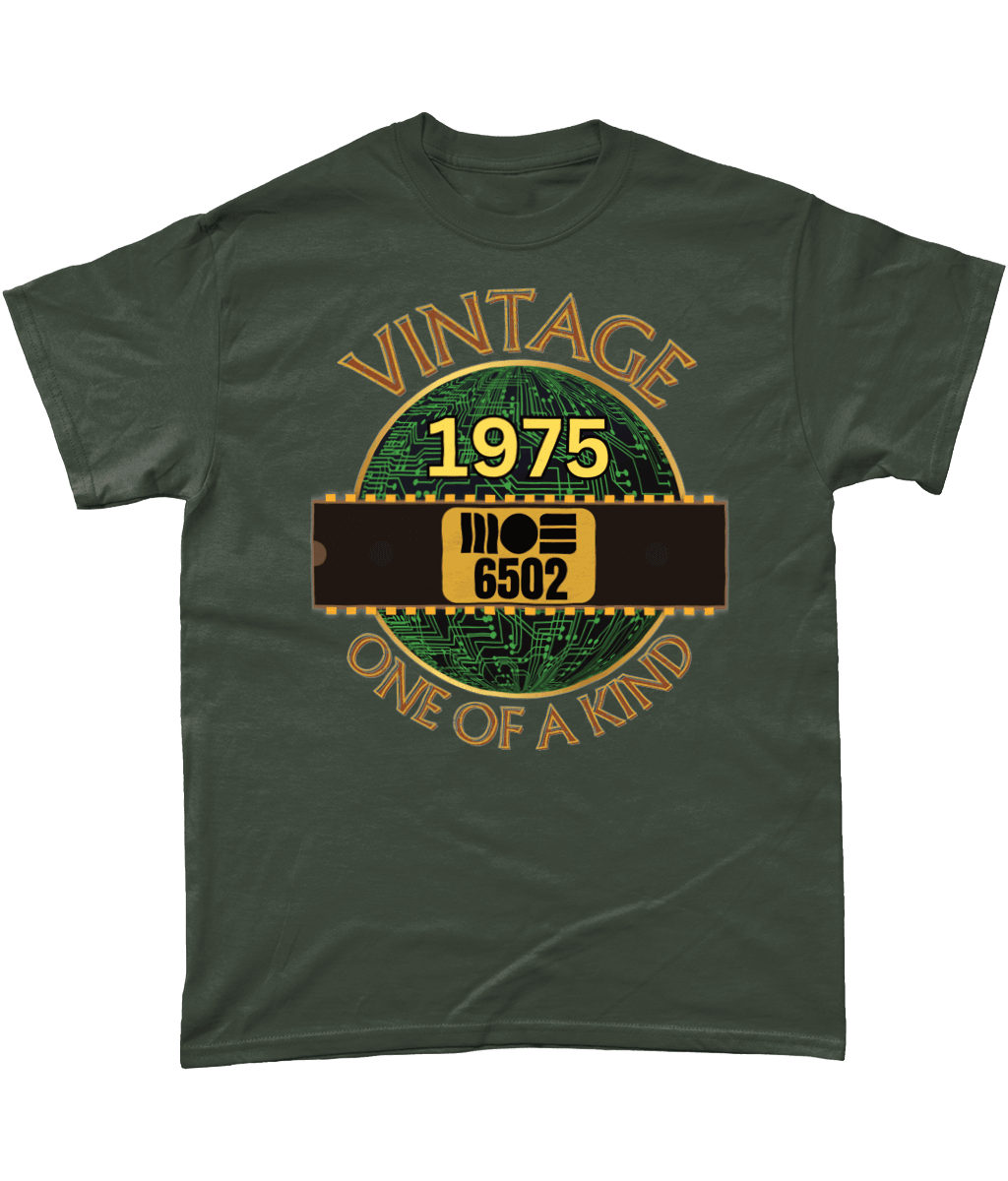 Green T-Shirt Black T-shirt with a gold circle with a basic representation of a circuit board in green and a 40 pin chip across the front with MOS 6502 and 1975 written on it. Vintage one of a kind around the circle