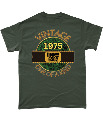 Green T-Shirt Black T-shirt with a gold circle with a basic representation of a circuit board in green and a 40 pin chip across the front with MOS 6502 and 1975 written on it. Vintage one of a kind around the circle