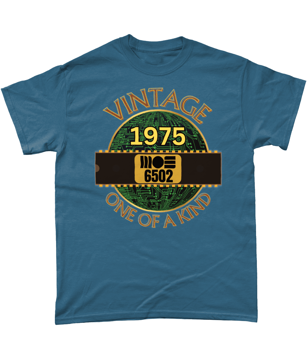 Indigo T-shirt with a gold circle with a basic representation of a circuit board in green and a 40 pin chip across the front with MOS 6502 and 1975 written on it. Vintage one of a kind around the circle