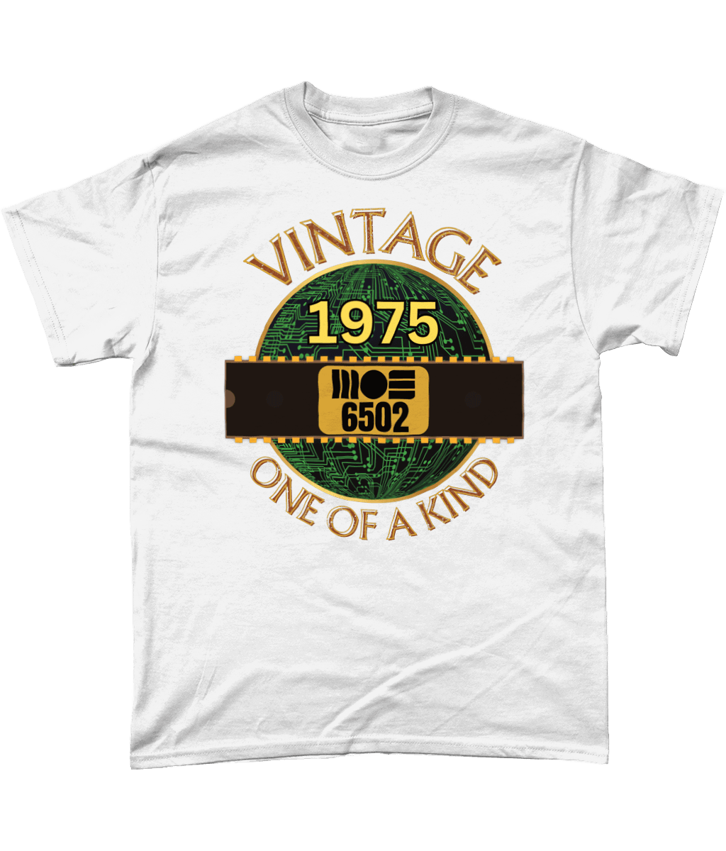 White T-shirt with a gold circle with a basic representation of a circuit board in green and a 40 pin chip across the front with MOS 6502 and 1975 written on it. Vintage one of a kind around the circle