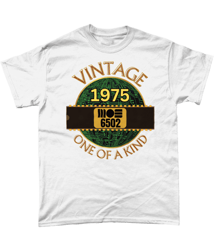 White T-shirt with a gold circle with a basic representation of a circuit board in green and a 40 pin chip across the front with MOS 6502 and 1975 written on it. Vintage one of a kind around the circle