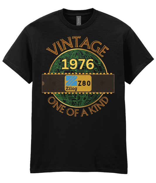 Black T-shirt with a gold circle with a basic representation of a circuit board in green and a 40 pin chip across the front with Zilog z80 and 1976 written on it. Vintage one of a kind around the circle

