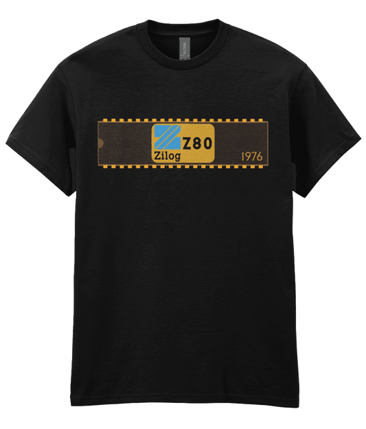 Black T-shirt with a basic representation of a 40 pin chip across the front with Zilog z80 and 1976 written on it.
