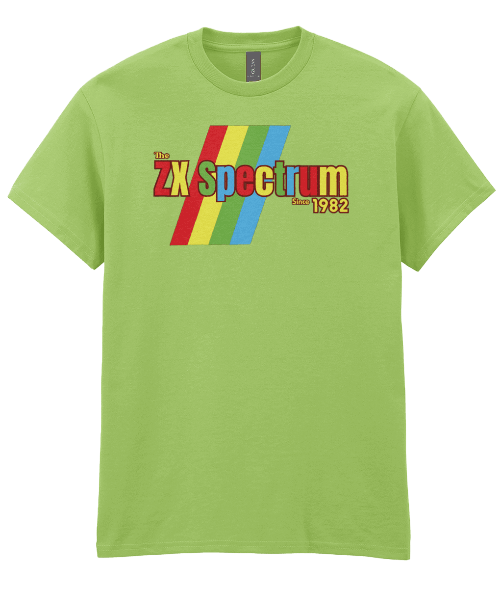 Kiwi T-shirt featuring a retro design with the text "The ZX Spectrum" in bold, stylized font. The word "Spectrum" appears in a red-to-yellow gradient, with "Since 1982" in small yellow text below. Four diagonal rainbow stripes—red, yellow, blue, and light blue—run behind the text, referencing the iconic Sinclair ZX Spectrum branding. The shirt pays homage to the 1982 British home computer that sparked playground rivalries and a generation of 8-bit creativity.
