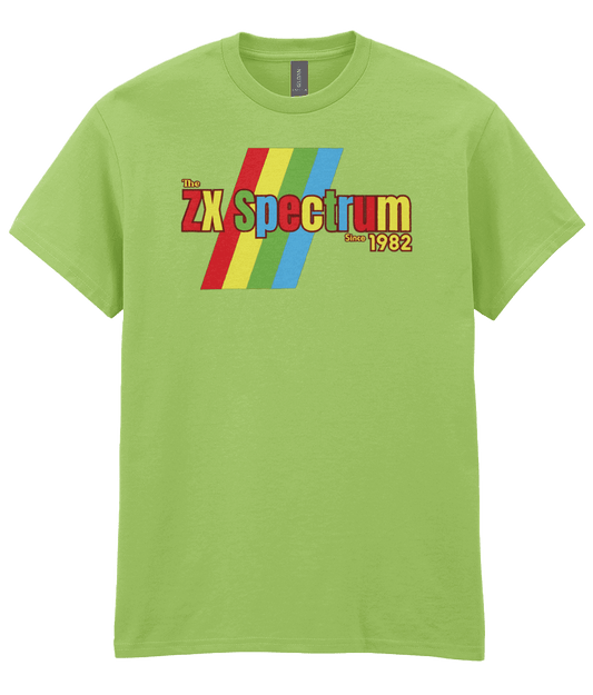 Kiwi T-shirt featuring a retro design with the text "The ZX Spectrum" in bold, stylized font. The word "Spectrum" appears in a red-to-yellow gradient, with "Since 1982" in small yellow text below. Four diagonal rainbow stripes—red, yellow, blue, and light blue—run behind the text, referencing the iconic Sinclair ZX Spectrum branding. The shirt pays homage to the 1982 British home computer that sparked playground rivalries and a generation of 8-bit creativity.
