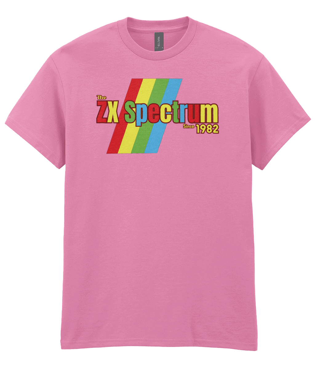 
Azalea (pink) T-shirt featuring a retro design with the text "The ZX Spectrum" in bold, stylized font. The word "Spectrum" appears in a red-to-yellow gradient, with "Since 1982" in small yellow text below. Four diagonal rainbow stripes—red, yellow, blue, and light blue—run behind the text, referencing the iconic Sinclair ZX Spectrum branding. The shirt pays homage to the 1982 British home computer that sparked playground rivalries and a generation of 8-bit creativity.
