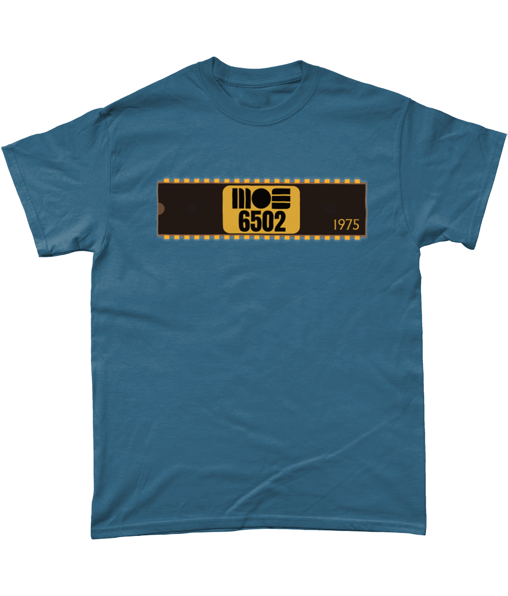 Indigo T-shirt with a basic representation of a 40 pin chip across the front with MOS 6502 and 1975 written on it.