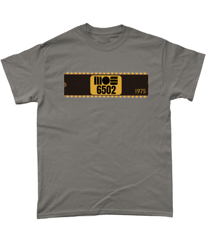 Charcoal T-shirt with a basic representation of a 40 pin chip across the front with MOS 6502 and 1975 written on it.