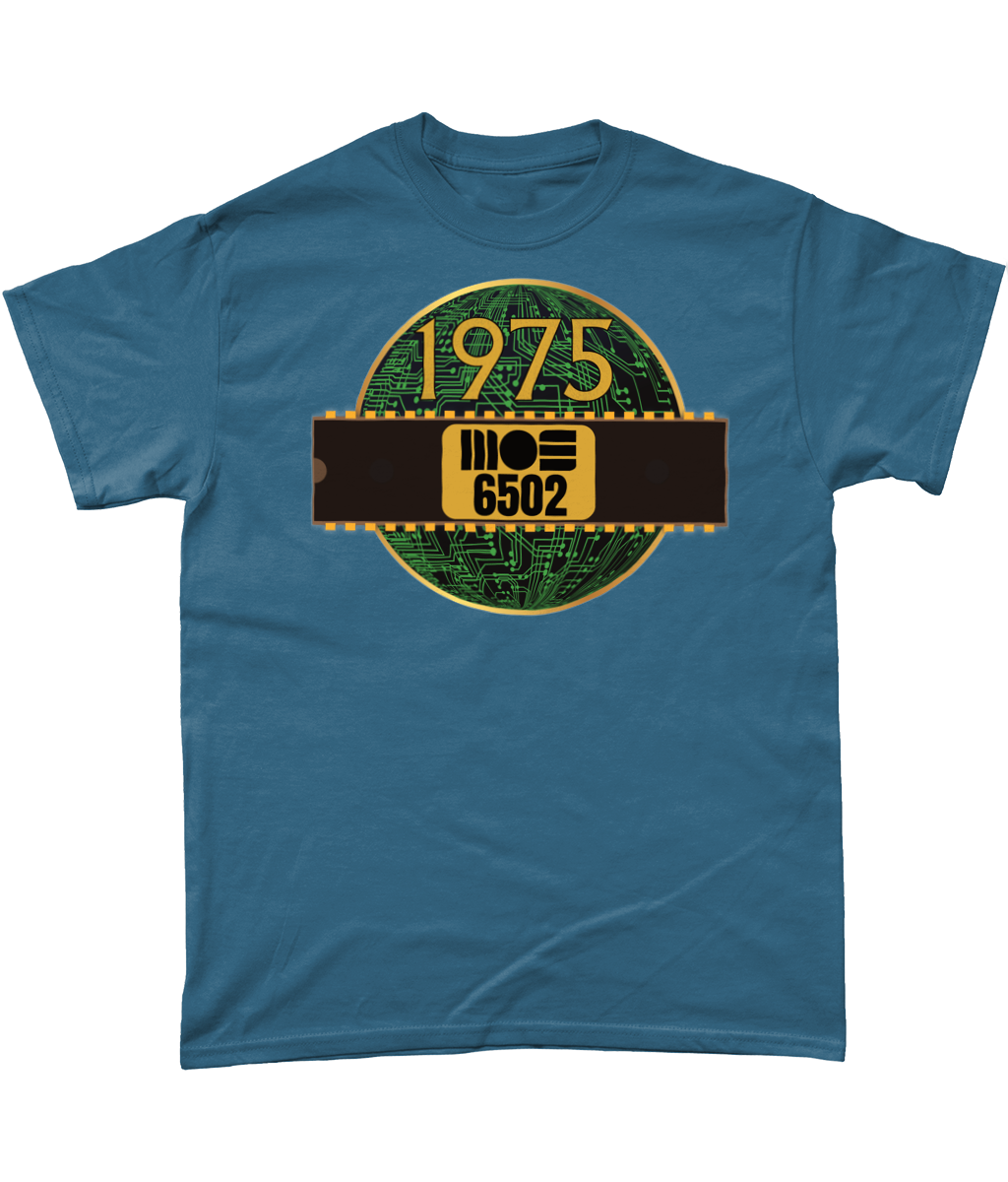1975 MOS 6502 Cpu/Processor T-Shirt, Indigo T-shirtBlack T-shirt with a gold circle with a basic representation of a circuit board in green and a 40 pin chip across the front with MOS 6502 and 1975 written on it.
