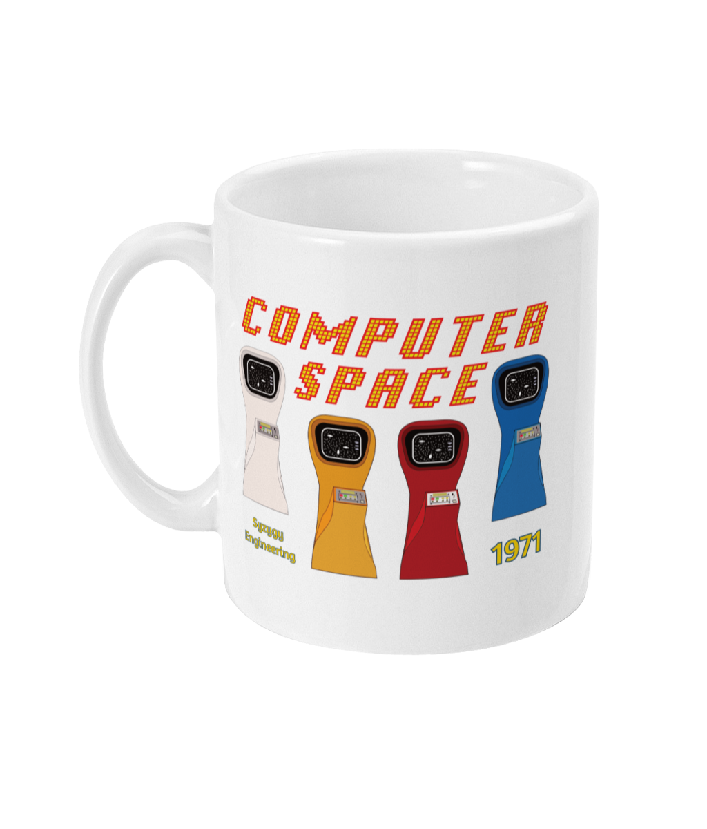 White mug with computer space written and 4 Arcade machines in their iconic colours,white,yellow,red and blue