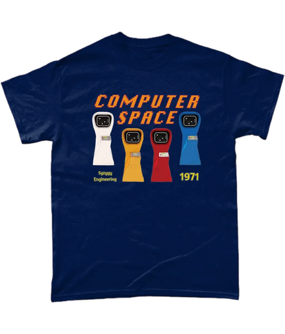 Navy T-shirt with computer space written and 4 Arcade machines in their iconic colours,white,yellow,red and blue