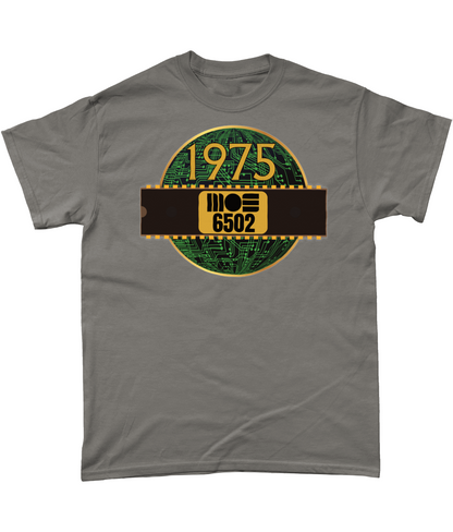 1975 MOS 6502 Cpu/Processor T-Shirt, Charcoal T-shirtBlack T-shirt with a gold circle with a basic representation of a circuit board in green and a 40 pin chip across the front with MOS 6502 and 1975 written on it.