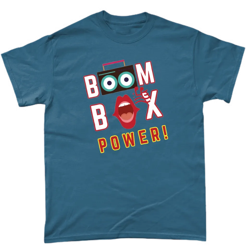 Indigo T-Shirt says BOOM BOX POWER! A boombox, the speakers make the Os in the word BOOM, a mouth indicating its singing as the O in BOX