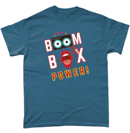 Indigo T-Shirt says BOOM BOX POWER! A boombox, the speakers make the Os in the word BOOM, a mouth indicating its singing as the O in BOX