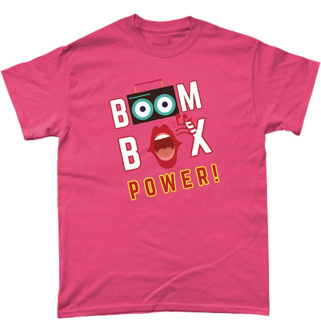 Heliconia T-Shirt says BOOM BOX POWER! A boombox, the speakers make the Os in the word BOOM, a mouth indicating its singing as the O in BOX