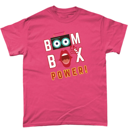 Heliconia T-Shirt says BOOM BOX POWER! A boombox, the speakers make the Os in the word BOOM, a mouth indicating its singing as the O in BOX