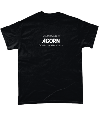 Black T-Shirt saying  Cambridge ACORN 1978 Computer Specialists