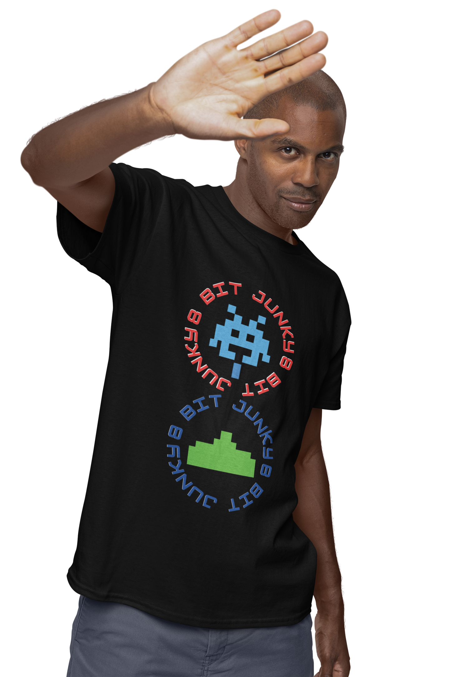 A man wearing a black T-Shirt with words 8-bit junky in 2 circles making a figure 8 with an invader in one circle and earth ship in the other
