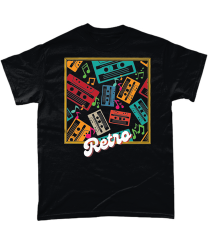 Black T-Shirt  goldish square frame with colourful music notes and cassette tapes spread out at different angles in different colours ,words retro in a retro style at bottom 