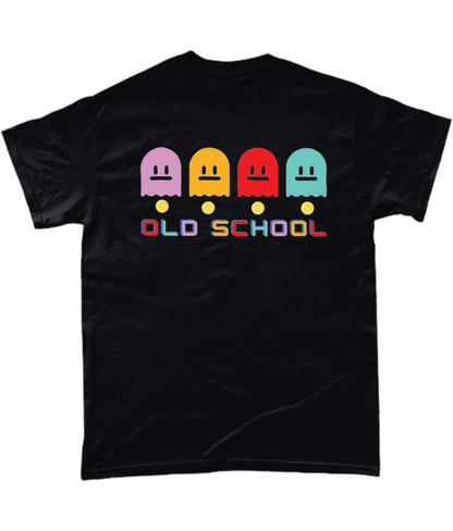 Black T-Shirt with multicoloured ghost characters , over yellow pac man dots and old school in different colours for each letter