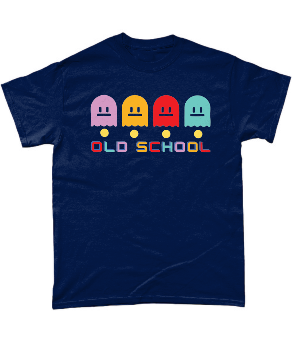 Navy  T-Shirt with multicoloured ghost characters , over yellow pac man dots and old school in different colours for each letter 