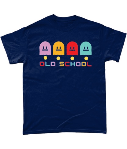 Navy  T-Shirt with multicoloured ghost characters , over yellow pac man dots and old school in different colours for each letter 
